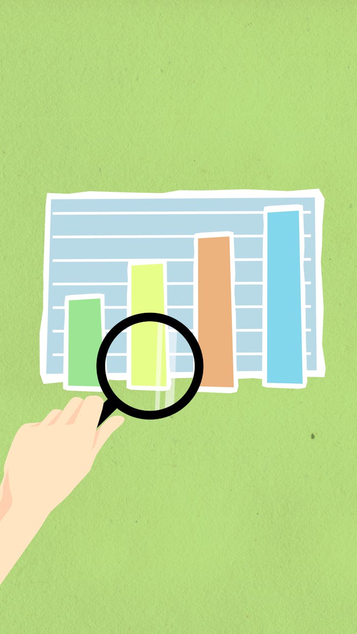 services-04 Colorful bar chart illustration with hand and magnifying glass on green background.