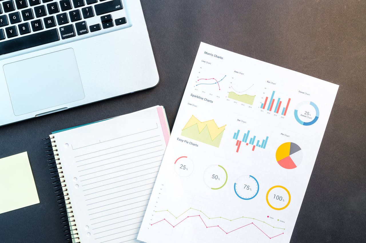 about-hero Flatlay of business report with colorful charts, a notebook, and a laptop for data analysis on a desk.